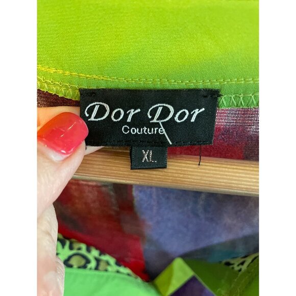 Dor Dor Couture Multicolor Hi Lo Hem Artsy Sheer Tunic Blouse Top Sz XL - Picture 5 of 11